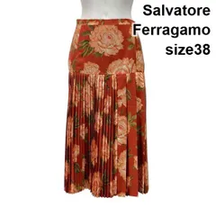 ●◇ サルヴァトーレフェラガモ Salvatore Ferragamo プリーツスカート ロング丈 花柄 オレンジ系 シルク 38 S 7号 レディース S5Y143のサムネイル
