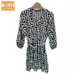 ZARA　カットソー　長袖　Vネック　ロング丈　ブラウス　チュニック　シャツ　ジオメトリック柄　幾何学模様　ウエストリボン　腰紐　マニッシュ系　モード　古着