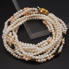 J500 淡水真珠 パール 珊瑚 黒珊瑚 ネックレス 5連 シルバー デザイン 6月誕生石