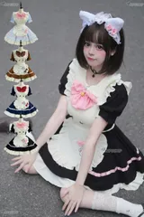 可愛い猫耳付きメイド服 サイズ豊富 S~5XL 大きいサイズ対応 フリルたくさん ボウタイデコ ハートモチーフ マルチカラー COS 用 演出服 コスプレ衣装