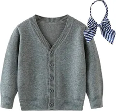 しあわせ倉庫 キッズカーディガン 女の子 男の子 ネクタイorリボンタイセット 子供服 Vネック セーター (グレー リボンタイ,  120)