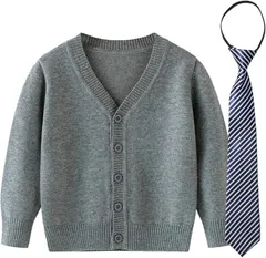 しあわせ倉庫 キッズカーディガン 女の子 男の子 ネクタイorリボンタイセット 子供服 Vネック セーター (グレー ネクタイ,  100)