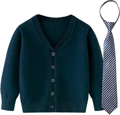しあわせ倉庫 キッズカーディガン 女の子 男の子 ネクタイorリボンタイセット 子供服 Vネック セーター (ネイビー ネクタイ,  120)