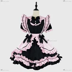 可愛い粉黒カラーメイド服 猫耳ヘッドアクセサリー付き サイズ豊富 S~5XL 大きいサイズ対応 フリルたくさん ボウタイデコ レース付き COS 用 演出服 コスプレ衣装