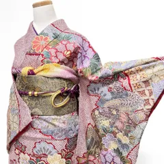 振袖　銀通し　金彩　辻ヶ花　鹿の子　牡丹　花模様　紅白　着物　121b p ms