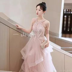 2025新作ピンクドレス レディース ロング丈 晩餐会 演奏会 高級感 結婚式 発表会 小物映え 一字肩