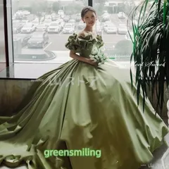 カラードレス グリーン 緑 オフショルダー 前撮り 披露宴 ロングドレス 結婚式 二次会 発表会 演奏会 ウェディングドレス ウエディングドレス Aラインドレス