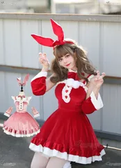 可愛いクリスマスウサギ耳メイド服 2 カラー選べる サイズ豊富 S~5XL 大きいサイズ対応 ファー飾り ハートモチーフ レース付き COS 用 演出服 コスプレ衣装 Lolita 8205