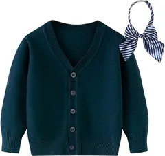 しあわせ倉庫 キッズカーディガン 女の子 男の子 ネクタイorリボンタイセット 子供服 Vネック セーター (ネイビー リボンタイ,  140)