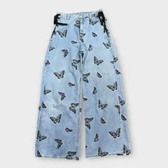 H&M 蝶プリント ストレートデニムパンツ 40 デニム Gパン ワイドパンツ ボトム