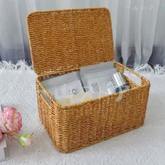 収納用蓋付きバスケット 3個セット 素朴な織りラタン 収納バスケット 蓋付き スタイリッシュで丈夫なクローゼットオーガナイザー 衣類 おも
