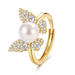 【新品】 [KUKA.JEWEL] 蝶真珠 指輪 スワロフスキーパール採用 リング レディース おしゃれ ー対応 11-15号まで調節可能 人気 流行り 結婚 婚約 彼女 誕生日 プレゼント (ゴールド-Gold) 1