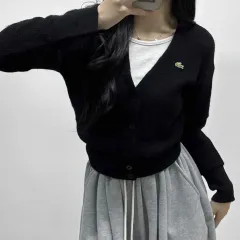 ラコステ ウール 100% ブラック ガールズ ニット カーディガン (95)