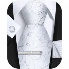 FACIACC 結婚式 冠婚葬祭 ネクタイ メンズ シルク チーフ タイクリップ カフスボタン4点セット ドット フォーマル 父の日 黒/シルバー