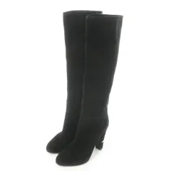 セルジオロッシ Sergio rossi ロングブーツ ハイヒール アーモンドトゥ スエードレザー 革 ワンポイント ゴールド金具 37 24cm 黒 ブラック /AO1 ■GY18