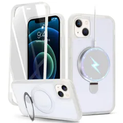 iPhone 13 MiniケMagsafe対応 スタンドクリア 両面強化ガラスで全面保護 米軍耐衝撃 半透明 リング付き ワイヤレス充電対応 マット感 黄変防止 アイフォン 透 ケース・スマホケース iPhone 13 Mini 人気 5.4インチ（透明）