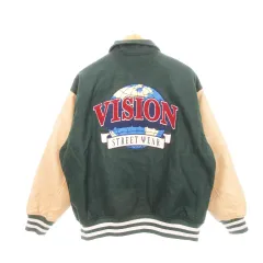 ヴィジョンストリートウェア VISION STREET WEAR スタジャン ブルゾン レザー切り替え ワッペン 刺繍 キルティング裏地 M 緑 グリーン ベージュ /AH3