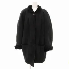 ノーブランド ムートンコート ジャケット ミドル丈 レザー ボア 黒 /JS ■GY99