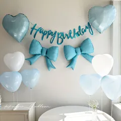 リボン型バルーン付きお誕生日風船セット　リボンコア　水色　ピンク　パープル　クリーム色