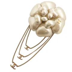 シャネル CHANEL 02AW カメリア ブローチ パール調 3連チェーン ココマーク 02A ホワイト ☆AA★