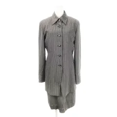 ロートレアモン LAUTREAMONT ワンピースアンサンブルスーツ セットアップ 2点セット ロングジャケット ワンピース ひざ丈 ノースリーブ ウール混 ストライプ L グレー /AH17
