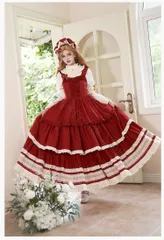 【新品未使用】コスプレ衣装 オリジナルデザインロングフレアスカート JSK 7点セット ロリータドレス ブラック＆レッド 大人可愛い レース刺繍入り 優雅なデザイン 仮装用 撮影会 ハロウィン イベント衣装 高品質 プレゼントにも最適 CJS1205P355