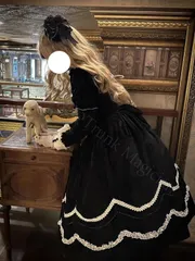 【美品★新品未使用】コスプレ衣装 黒色 ゴシック風 ヴィンテージ シルクベルベット ロングスリーブ ワンピース ドレス 高級感 レース付き 女性用 エレガント パーティー コスプレ lolita ロリータスタイル CJS1205P070