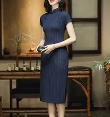 新年クリスマス用コスプレ衣装 チャイナドレス ワンピース チャイナドレス 膝丈 半袖  無地 大人 シンプル エレガント コスプレ衣装  パーティードレス 結婚式 二次会 ネイビーブルー 0679 CJS1205P308