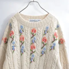 80〜90s Schiatti スキアッティ フラワー刺繍デザイン ケーブル編み プルオーバーニット 花柄 アラン模様 セーター アイボリー ジャパンヴィンテージ ビンテージ 古着 レディースXL相当