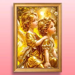 開運絵画　ラファエルの羽根　イーゼル付き　24金金箔付き 幸運をそっと背中に運ぶふたりの天使 額縁付き 開運グラフィックアート