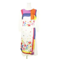 チェスティ Chesty ドッキングワンピース ニット ひざ丈 七分袖 レイヤード ラップデザイン 花柄 総柄 0 S 白 ホワイト /AH7