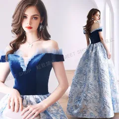 ウエディングドレス カラードレス ロングドレス 演奏会 発表会 イブニングドレス パーティードレス コンサート ウェディングドレス 結婚式 二次会ドレス オフショルダー ブルー ベルベット 披露宴 花嫁 カクテルドレス 前撮り 後撮り ブライダルCLF050