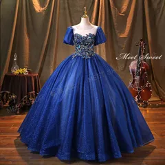 ウェディングドレス カラードレス ロング 演奏会 イベント プリンセスライン ステージドレス 発表会 コンサート コンクール 大人 青 ネイビー パフスリーブ 二次会 パーティードレス イブニングドレス CLF069