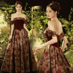 ウエディングドレス カラードレス ロングドレス 演奏会 発表会 イブニングドレス ウェディングドレス 結婚式 二次会ドレス 披露宴 花嫁 ローズ 花嫁 オフショルダー レトロ パーティードレス コンサート カクテルドレス 前撮り 後撮り ブライダルCLF136