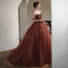 ウェディングドレス カラードレス ファスナー ブラウン ロング 演奏会 イブニングドレス プリンセスライン ステージ 発表会 コンサート コンクール 大人 ベアトップ 結婚式 二次会 パーティードレス CLF083