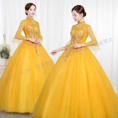 ウェディングドレス カラードレス ロング 演奏会 イブニングドレス プリンセスライン ステージ 発表会 コンサート コンクール 大人 イエロー 花柄 袖付き 結婚式 二次会 パーティードレス 披露宴 CLF073