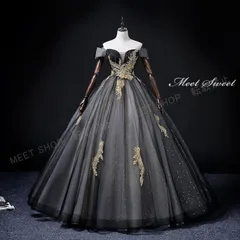 ウェディングドレス カラードレス ロングドレス イブニングドレス プリンセスラインドレス ブラック 黒 オフショルダー 編み上げ 結婚式 二次会 パーティードレス 発表会 CLF153