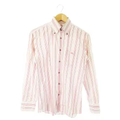 バーバリーブラックレーベル BURBERRY BLACK LABEL ワイシャツ Yシャツ ボタンダウン 長袖 コットン ストライプ 総柄 ワンポイント ロゴ刺繍 2 M ピンク /AO13 ■GY44