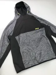 FILA フィラ 裏地起毛 総柄 長袖 防寒 FM5434 ロゴ プルオーバー パーカー sizeM/黒ｘグレー ◇■ メンズ