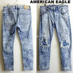 アメリカンイーグル　スキニーデニム　W84cm　強 ストレッチ　クラッシュリペア加工　メンズ　藍青　Sz.32　AMERICAN EAGLE