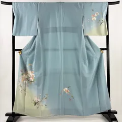 付下げ 身丈159.5cm 裄丈66cm M 袷 蘭 草花 染め分け ぼかし 水色 正絹 秀品 【中古】