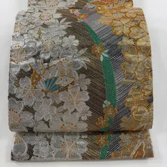 袋帯 秀品 桜 蝶 金銀糸 箔 銀色 六通 正絹 【中古】