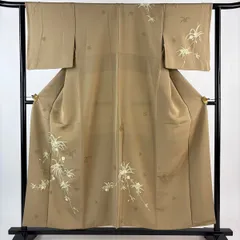 訪問着 身丈155cm 裄丈62.5cm S 袷 草花 金糸 金彩 薄茶色 正絹 秀品 【中古】