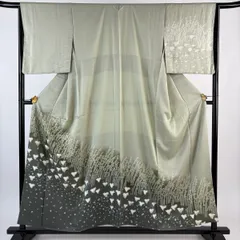 訪問着 身丈156cm 裄丈65cm M 袷 千鳥 幾何学模様 銀糸 絞り 灰緑 正絹 秀品 【中古】