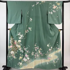 訪問着 身丈160cm 裄丈65cm M 袷 落款 牡丹 桜 金彩 ぼかし 緑 正絹 秀品 【中古】