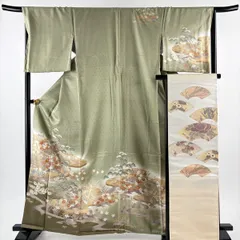 訪問着 身丈163cm 裄丈68cm L 袷 袋帯セット 松竹梅 建物 金糸 金彩 灰緑 正絹 秀品 【中古】