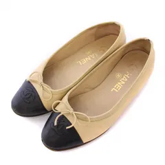 【中古】シャネル CHANEL パンプス ラウンドトゥ ローヒール レザー ココマーク リボン バイカラー 35 ベージュ 黒 シャネル CHANEL パンプス ラウンドトゥ ローヒール レザー ココマーク