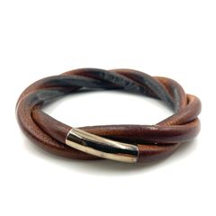 HERMES エルメス　トルネードレザーブレスレット　バングル　編み込み　ツイスト　ブラウン　シルバー金具　刻印あり　手首まわり19.5cm ヴィンテージ　ユニセックス　メンズ　レディース　ラグジュアリー　高級　ハイブランド