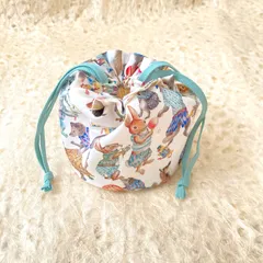 丸底フリル巾着　リバティ生地使用　アニマルスポーツデー　輸入リバティ