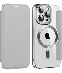 ★MuZiF iPhone 14 Pro 用 ケース 手帳型 Magsafe対応 クリア 背面 透明 高級なPUレザー 永久磁石 マグネット スマホケース カード収納、人気財布型 カバー 軽量  (iPhone 14 Pro 用,チタングレー)